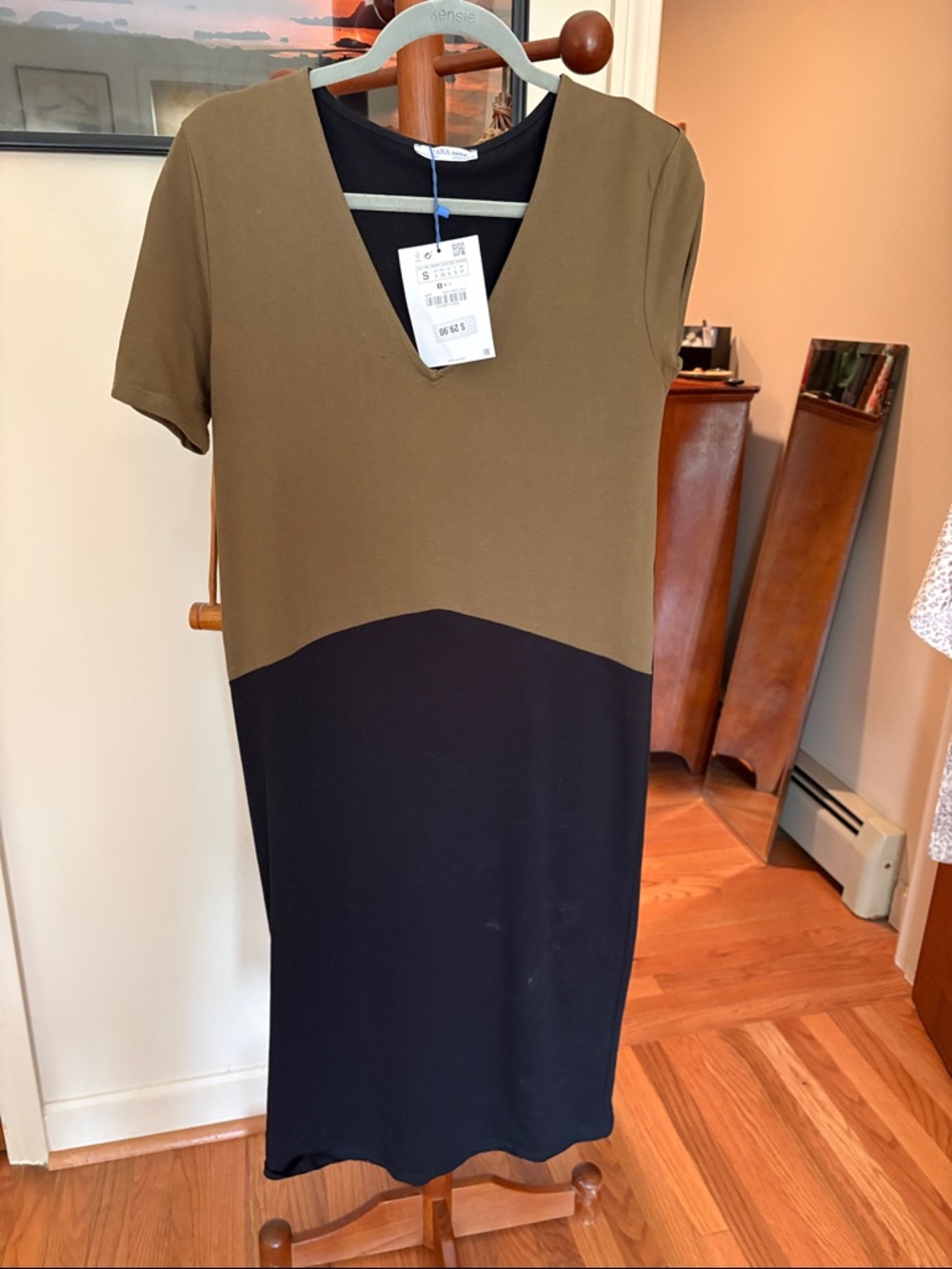 Zara Olive and Black V-Neck Midi Dress